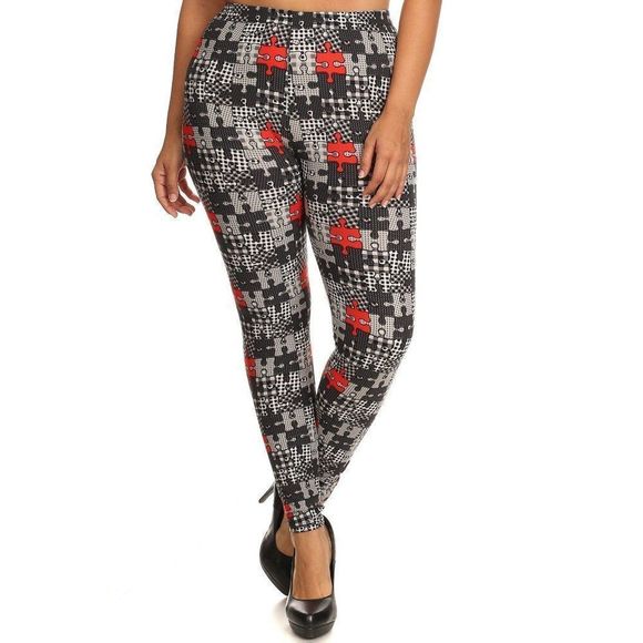 (Plus) Curvy Black White Red Puzzle Pattern Print Leggings - Picture 2 of 4